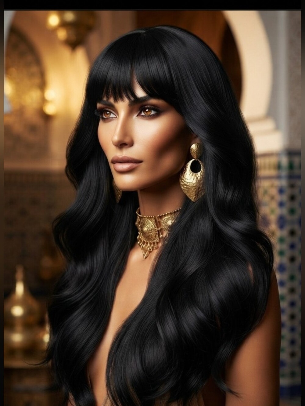 Long Black Layered Wig with Bangs Synthetic Straight Wave 28"